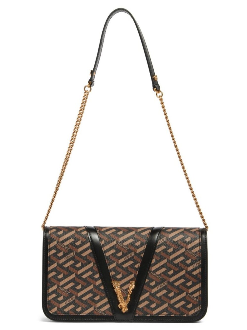 Versace Virtus La Greca Women's Coated Canvas Leather Shoulder Bag Black Caramel